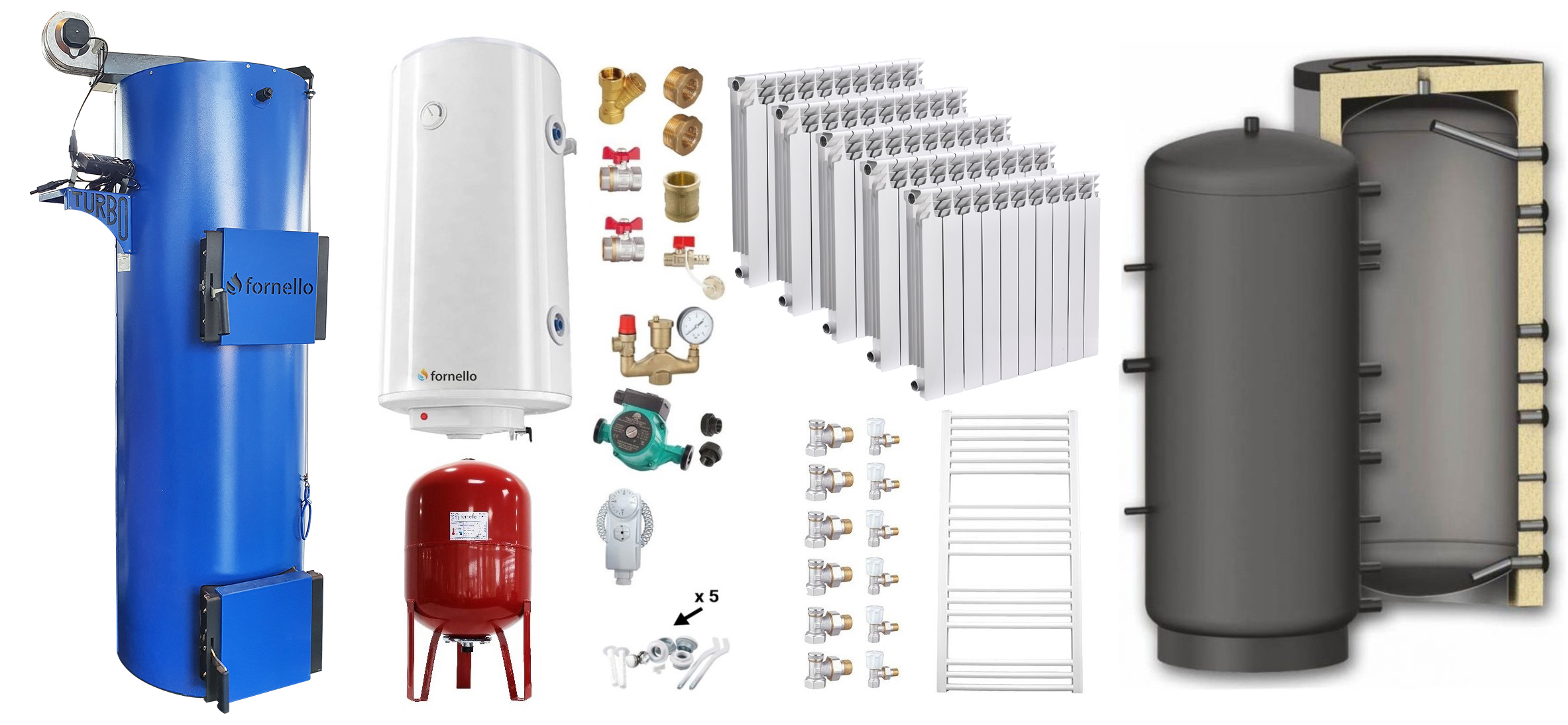 Pachet Cazan (centrala) pe combustibil solid tip lumanare Fornello Turbo 35 kW, Puffer 800 litri, Calorifere Aluminiu Fornello Alvo, Boiler, Vas Expansiune, Pompa, Fitinguri Montaj