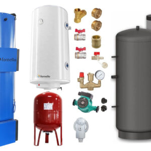 Pachet Cazan (centrala) pe combustibil solid tip lumanare Fornello Turbo 50 kW, Puffer 800 litri, Boiler, Vas Expansiune, Pompa, Fitinguri Montaj