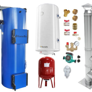 Pachet Cazan (centrala) pe combustibil solid tip lumanare Fornello Turbo 50 kW, Cos Inox, Boiler, Vas Expansiune, Pompa, Fitinguri Montaj