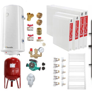 Pachet Cazan (centrala) pe combustibil solid tip lumanare Fornello Turbo 50 kW, Puffer 800 litri, Radiatoare Otel, Boiler, Vas Expansiune, Pompa, Fitinguri Montaj