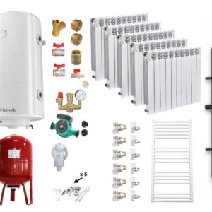 Pachet Cazan (centrala) pe combustibil solid tip lumanare Fornello Turbo 50 kW, Puffer 800 litri, Calorifere Aluminiu Fornello Alvo, Boiler, Vas Expansiune, Pompa, Fitinguri Montaj