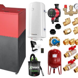 Pachet Centrala mixta Lemn/Pelet Fornello Tera 28 kW, cos inox, boiler, termostat, aspirator, pompa, vas expansiune, fitinguri, aprindere automanta la peleti, buncar peleti 95 kg, creuzet fonta, curatarea facila, pentru 180 mp