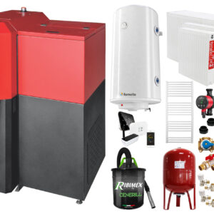 Pachet Centrala mixta Lemn/Pelet Fornello Tera 28 kW, calorifere otel, boiler, termostat, aspirator, pompa, vas expansiune, fitinguri, aprindere automanta la peleti, buncar peleti 95 kg, creuzet fonta, curatarea facila, pentru 180 mp