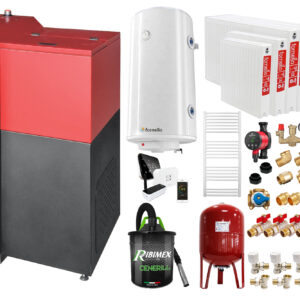 Pachet Centrala mixta Lemn/Pelet Fornello Tera 28 kW, calorifere otel, cos inox, boiler, termostat, aspirator, pompa, vas expansiune, fitinguri, aprindere automanta la peleti, buncar peleti 95 kg, creuzet fonta, curatarea facila, pentru 180 mp