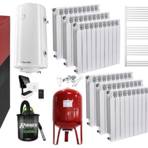 Pachet Centrala mixta Lemn/Pelet Fornello Tera 28 kW, calorifere aluminiu, boiler, termostat, aspirator, pompa, vas expansiune, fitinguri, aprindere automanta la peleti, buncar peleti 95 kg, creuzet fonta, curatarea facila, pentru 180 mp