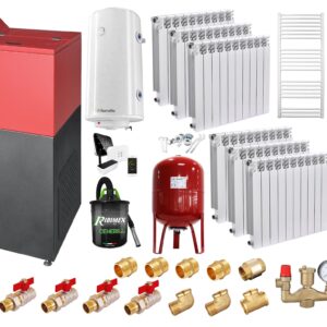 Pachet Centrala mixta Lemn/Pelet Fornello Tera 28 kW, calorifere aluminiu, cos inox, boiler, termostat, aspirator, pompa, vas expansiune, fitinguri, aprindere automanta la peleti, buncar peleti 95 kg, creuzet fonta, curatarea facila, pentru 180 mp