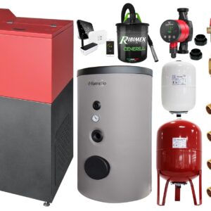 Pachet Centrala mixta Lemn/Pelet Fornello Tera 28 kW, boiler de sol, termostat, aspirator, pompa, vas expansiune, fitinguri, aprindere automanta la peleti, buncar peleti 95 kg, creuzet fonta, curatarea facila, pentru 180 mp