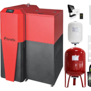 Pachet Centrala mixta Lemn/Pelet Fornello Tera 28 kW, boiler de sol, calorifere otel, termostat, aspirator, pompa, vas expansiune, fitinguri, aprindere automanta la peleti, buncar peleti 95 kg, creuzet fonta, curatarea facila, pentru 180 m