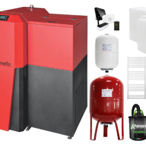 Pachet Centrala mixta Lemn/Pelet Fornello Tera 28 kW, boiler de sol, cos inox, calorifere otel, termostat, aspirator, pompa, vas expansiune, fitinguri, aprindere automanta la peleti, buncar peleti 95 kg, creuzet fonta, curatarea facila, pentru 180 mp