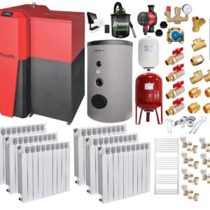 Pachet Centrala mixta Lemn/Pelet Fornello Tera 28 kW, boiler de sol, calorifere aluminiu, termostat, aspirator, pompa, vas expansiune, fitinguri, aprindere automanta la peleti, buncar peleti 95 kg, creuzet fonta, pentru 180 mp