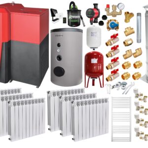Pachet Centrala mixta Lemn/Pelet Fornello Tera 28 kW, boiler de sol, cos inox, calorifere aluminiu, termostat, aspirator, pompa, vas expansiune, fitinguri, aprindere automanta la peleti, buncar peleti 95 kg, creuzet fonta, pentru 180 mp