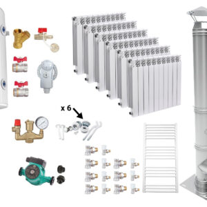 Pachet Centrala pe combustibil solid Fiama D2-40 Putere 46 kW, cu Ventilator si Automatizare, Puffer 1000 litri, Cos inox, Calorifere Aluminiu Fornello Alvo, Boiler Termoelectric, Pompa, Vas Expansiune si Fitinguri