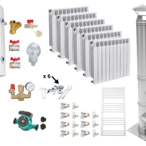 Pachet Centrala pe combustibil solid Fiama D2-60 Putere 70 kW, cu Ventilator si Automatizare, Puffer 1000 litri, Cos Inox, Calorifere aluminiu Fornello Alvo, Boiler Termoelectric, Pompa, Vas Expansiune si Fitinguri
