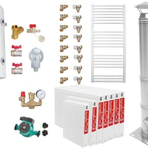 Pachet Centrala pe combustibil solid Fiama D2-40 Putere 46 kW, cu Ventilator si Automatizare, Puffer 1000 litri,  Cos inox, Radiatoare Otel, Boiler Termoelectric, Pompa, Vas Expansiune si Fitinguri