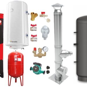 Pachet Centrala pe combustibil solid Fiama D2-60 Putere 70 kW, cu Ventilator si Automatizare, Puffer 1000 litri, Cos inox, Boiler Termoelectric, Pompa, Vas Expansiune si Fitinguri