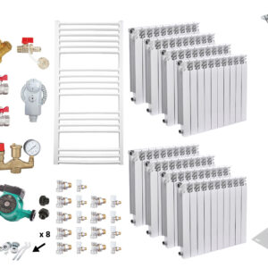Pachet Centrala pe combustibil solid Fiama W 45 kW, Puffer 1000 litri, Cos inox, Calorifere aluminiu Fornello Alvo, Boiler Termoelectric, Vas Expansune, Pompa si Fitinguri Montaj