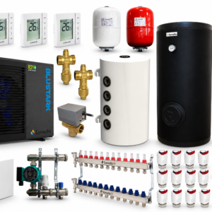 Pachet incalzire prin pardoseala 120 mp, cu pompa de caldura Fornello BLUSTARK R290, 8.3 kW, Automatizare, Teava, Distribuitor, Grup amestec, Boiler 200 litri 2S, Puffer 100 litri, Vana deviatoare 3 cai, Valve anti-inghet si Vase expansiune