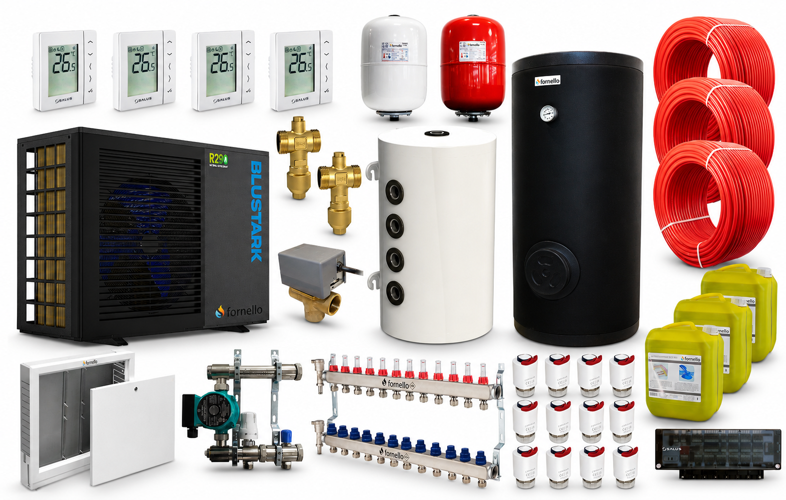 Pachet incalzire prin pardoseala 120 mp, cu pompa de caldura Fornello BLUSTARK R290, 8.3 kW, Automatizare, Teava, Distribuitor, Grup amestec, Boiler 200 litri 2S, Puffer 100 litri, Vana deviatoare 3 cai, Valve anti-inghet si Vase expansiune