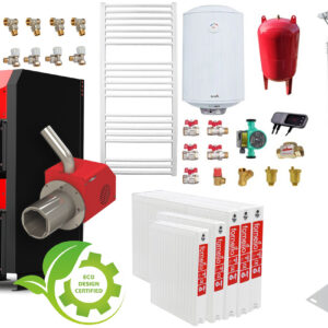 Pachet incalzire si apa calda 4 camere Centrala mixta combustibil solid si peleti Burnit NWB PRIME 30 kW si Arzator pe peleti Pell Eco 35 kW, calorifere, cos inox, ventilator, automatizare, serpentina racire, flansa arzator, pompa circulatie 25-60, v