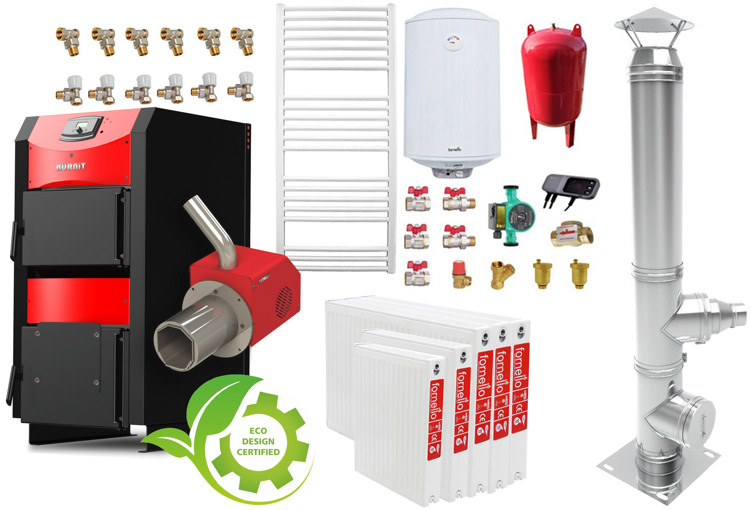 Pachet incalzire si apa calda 4 camere Centrala mixta combustibil solid si peleti Burnit NWB PRIME 30 kW si Arzator pe peleti Pell Eco 35 kW, calorifere, cos inox, ventilator, automatizare, serpentina racire, flansa arzator, pompa circulatie 25-60, v