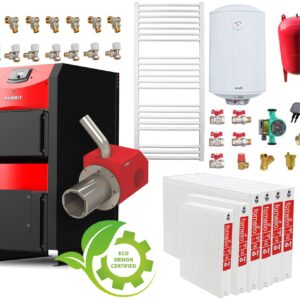 Pachet incalzire si apa calda 5 camere Centrala mixta combustibil solid si peleti Burnit NWB PRIME 40 kW si Arzator pe peleti Pell Eco 35 kW, ventilator si automatizare, serpentina racire, flansa arzator, calorifere, pompa circulatie 25-60, vas expan