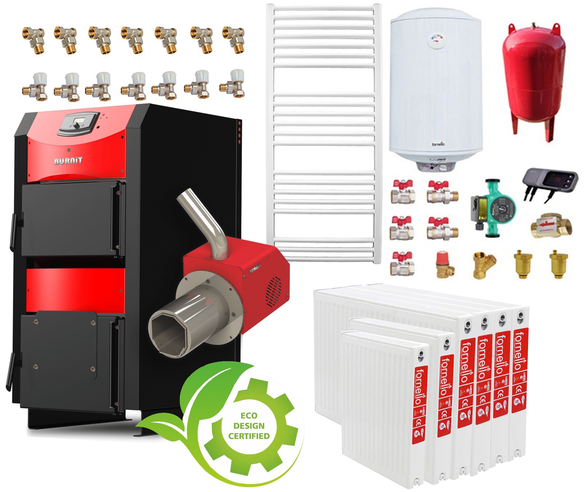 Pachet incalzire si apa calda 5 camere Centrala mixta combustibil solid si peleti Burnit NWB PRIME 40 kW si Arzator pe peleti Pell Eco 35 kW, ventilator si automatizare, serpentina racire, flansa arzator, calorifere, pompa circulatie 25-60, vas expan