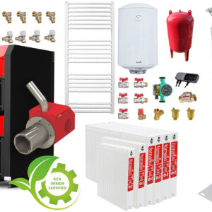Pachet incalzire si apa calda 5 camere Centrala mixta combustibil solid si peleti Burnit NWB PRIME 40 kW si Arzator pe peleti Pell Eco 35 kW, calorifere, cos inox, ventilator si automatizare, serpentina racire, flansa arzator, pompa circulatie 25-60,