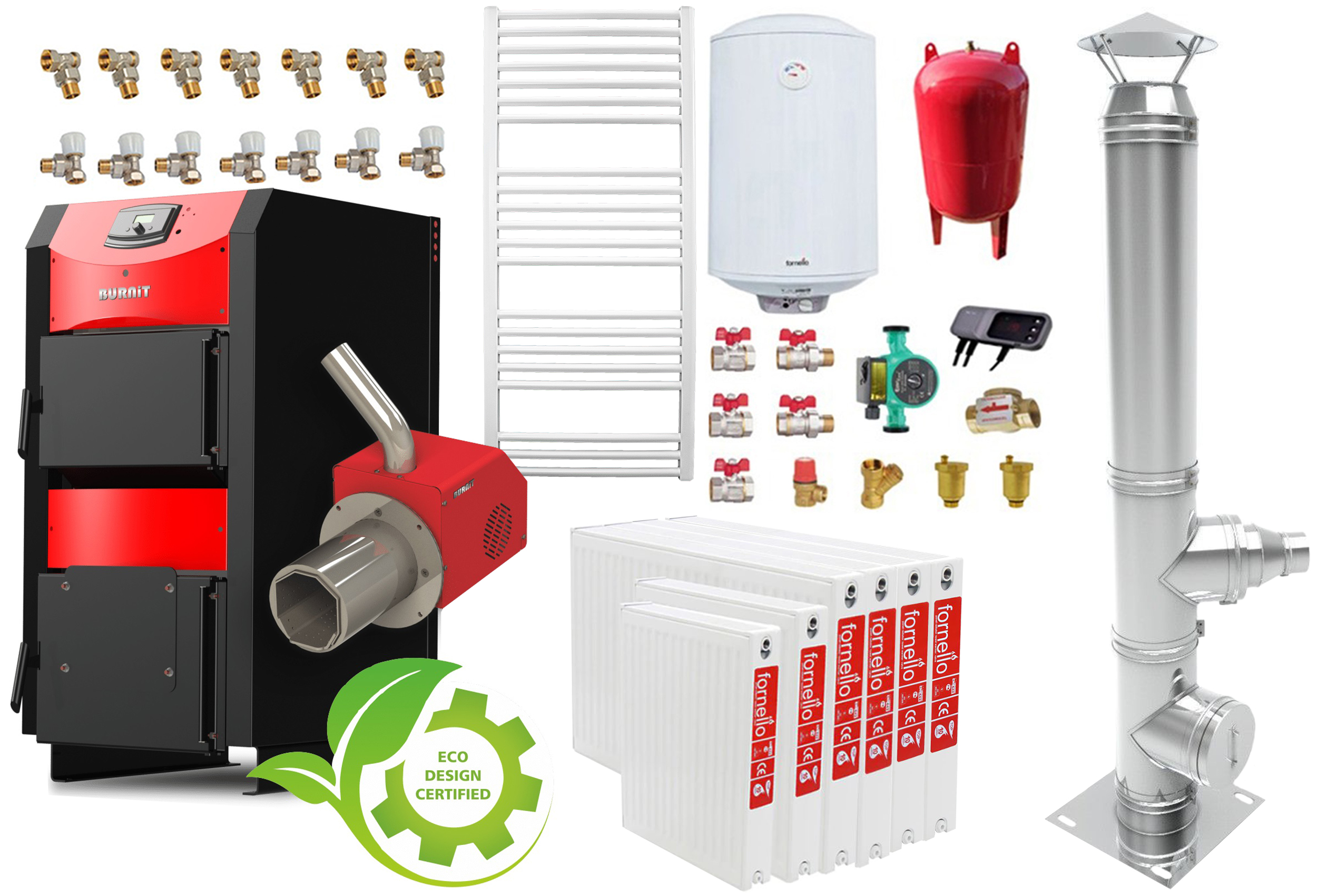 Pachet incalzire si apa calda 5 camere Centrala mixta combustibil solid si peleti Burnit NWB PRIME 40 kW si Arzator pe peleti Pell Eco 35 kW, calorifere, cos inox, ventilator si automatizare, serpentina racire, flansa arzator, pompa circulatie 25-60,