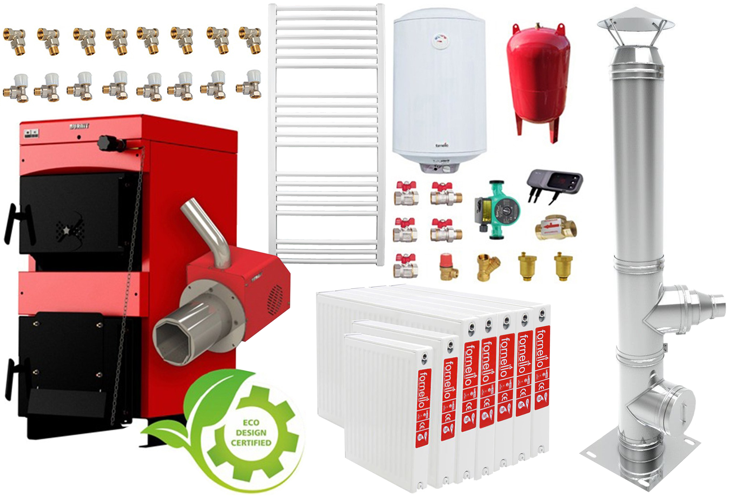 Pachet incalzire si apa calda 6 camere Centrala mixta combustibil solid si peleti Burnit NWB MAX 55 kW si Arzator pe peleti Pell Eco 35 kW, calorifere, cos inox, pompa circulatie evp 25-60, vas expansiune 50 l, boiler termoelectric Fornello 120 l si