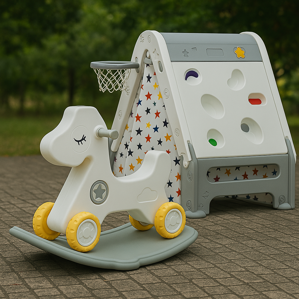 Pachet Kinderplay Distractie si Dezvoltare , Cort de joaca 6 in 1 + balansoar si premergator tip calut cu sunete interactive