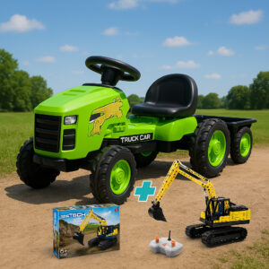 Pachet Kinderplay Joaca si Constructie pentru copii – Tractoras cu pedale + Set constructie excavator cu telecomanda, 544 de piese