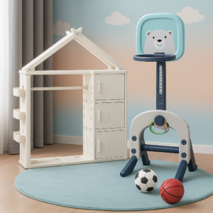 Pachet Kinderplay Joaca si Organizare ,   Dulapior pentru copii + Centru de activitati 3 in 1 cu cos de baschet, poarta de fotbal si mingi incluse