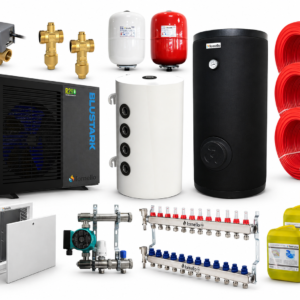 Pachet incalzire prin pardoseala 120 mp, cu pompa de caldura Fornello BLUSTARK R290, 8.3 kW, Teava, Distribuitor, Grup amestec, Boiler 200 litri 2S, Puffer 100 litri, Vana deviatoare 3 cai, Valve anti-inghet si Vase expansiune