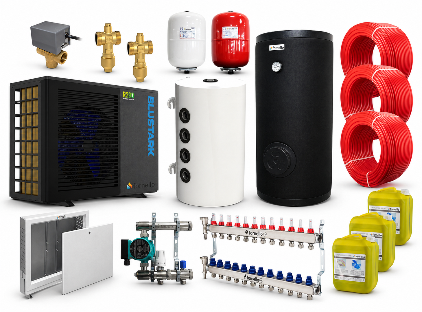 Pachet incalzire prin pardoseala 120 mp, cu pompa de caldura Fornello BLUSTARK R290, 8.3 kW, Teava, Distribuitor, Grup amestec, Boiler 200 litri 2S, Puffer 100 litri, Vana deviatoare 3 cai, Valve anti-inghet si Vase expansiune