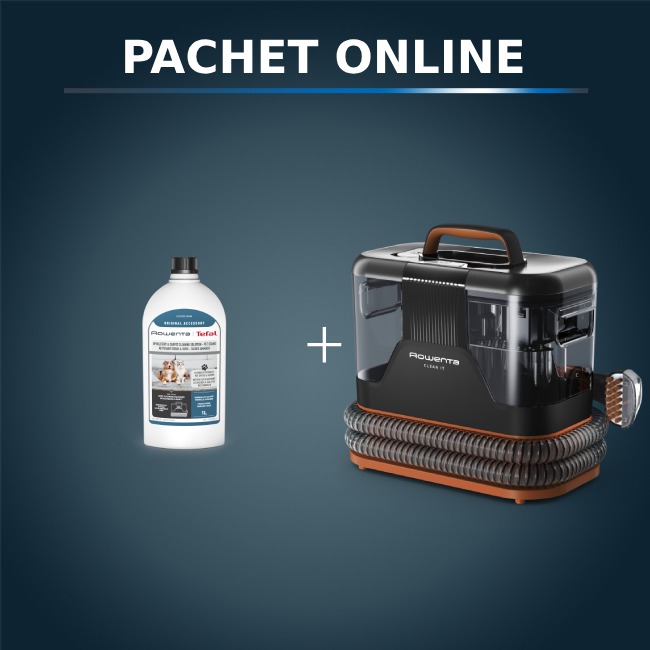 Pachet PROMO Aspirator cu spalare Rowenta Clean IT IN5011F0 si Detergent lichid Rowenta XD5320F0 pentru textile covoare si pete animale de companie