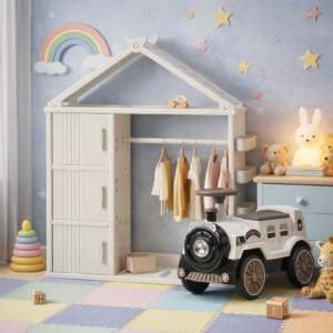 Pachet promo Kinderplay, dulapior tip casuta pentru organizare si premergator trenulet vintage pentru copii
