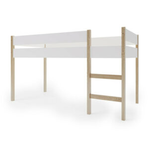 Pat din lemn semi-inalt junior, 200×90 cm, Cu loc de joaca dedesubt, Din lemn de pin certificat FSC, Tratat cu ceara naturala ecologica, Alb, YappyKids, YappyGrott