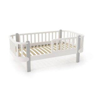 Patut din lemn junior, 160×80 cm, Cu bariera de protectie, Din lemn de fag, Gri, YappyKids, YappyEtude
