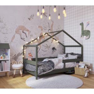 Patut tip casuta din lemn junior, 160×80 cm, Din lemn certificat FSC, Transformabil in casuta de joaca, Cu bariera de protectie, In stil scandinav, Verde, YappyKids, YappyHytte Bed
