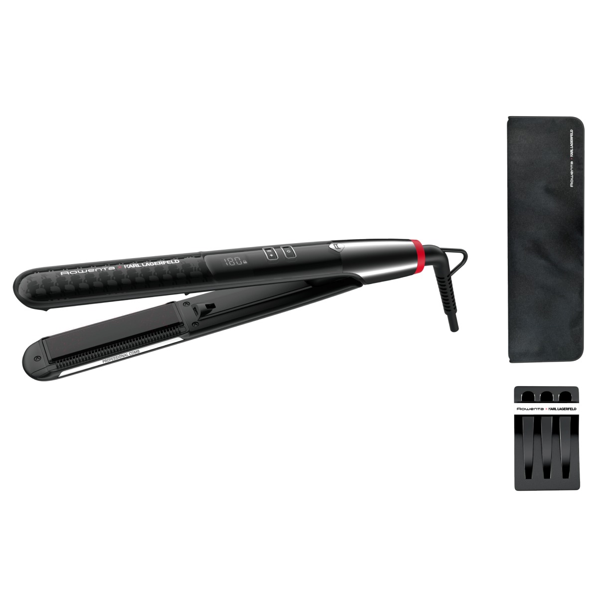 Placă de păr Rowenta Karl Lagerfeld Pro Stylist SF467LF0 invelis Keratin & Glow temperatură variabilă ecran LCD generator de ioni oprire auto