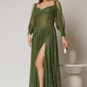 Rochie de seara kaki din dantela cu decolteu tip corset