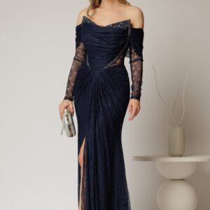 Rochie lunga bleumarin de seara tip sirena din dantela si decolteu accesorizat