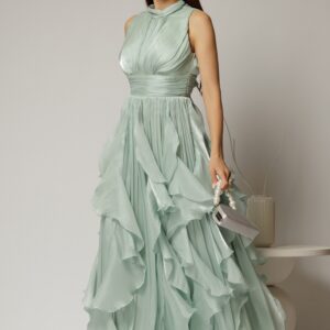 Rochie lunga verde menta de seara cu volanase din voal peliculizat