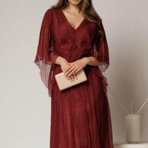 Rochie midi caramizie din matase clos si decolteu V
