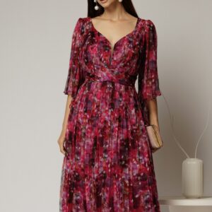 Rochie midi de ocazie cu imprimeuri magenta din matase naturala