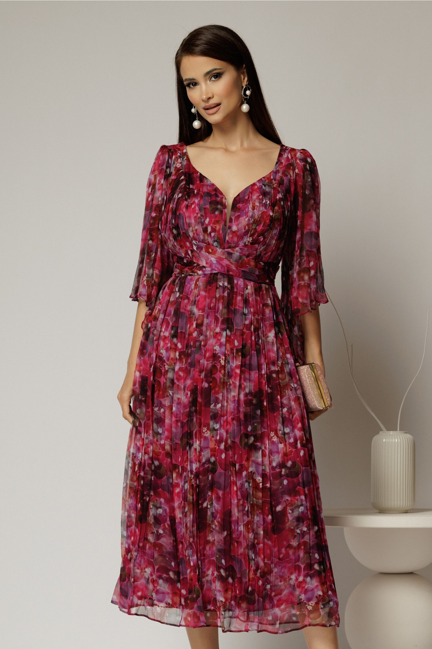 Rochie midi de ocazie cu imprimeuri magenta din matase naturala