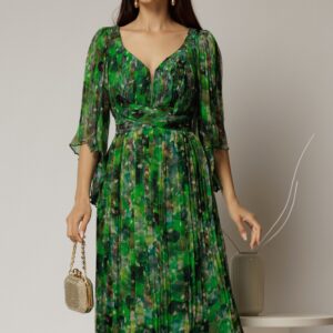 Rochie midi de ocazie cu imprimeuri verzi din matase naturala