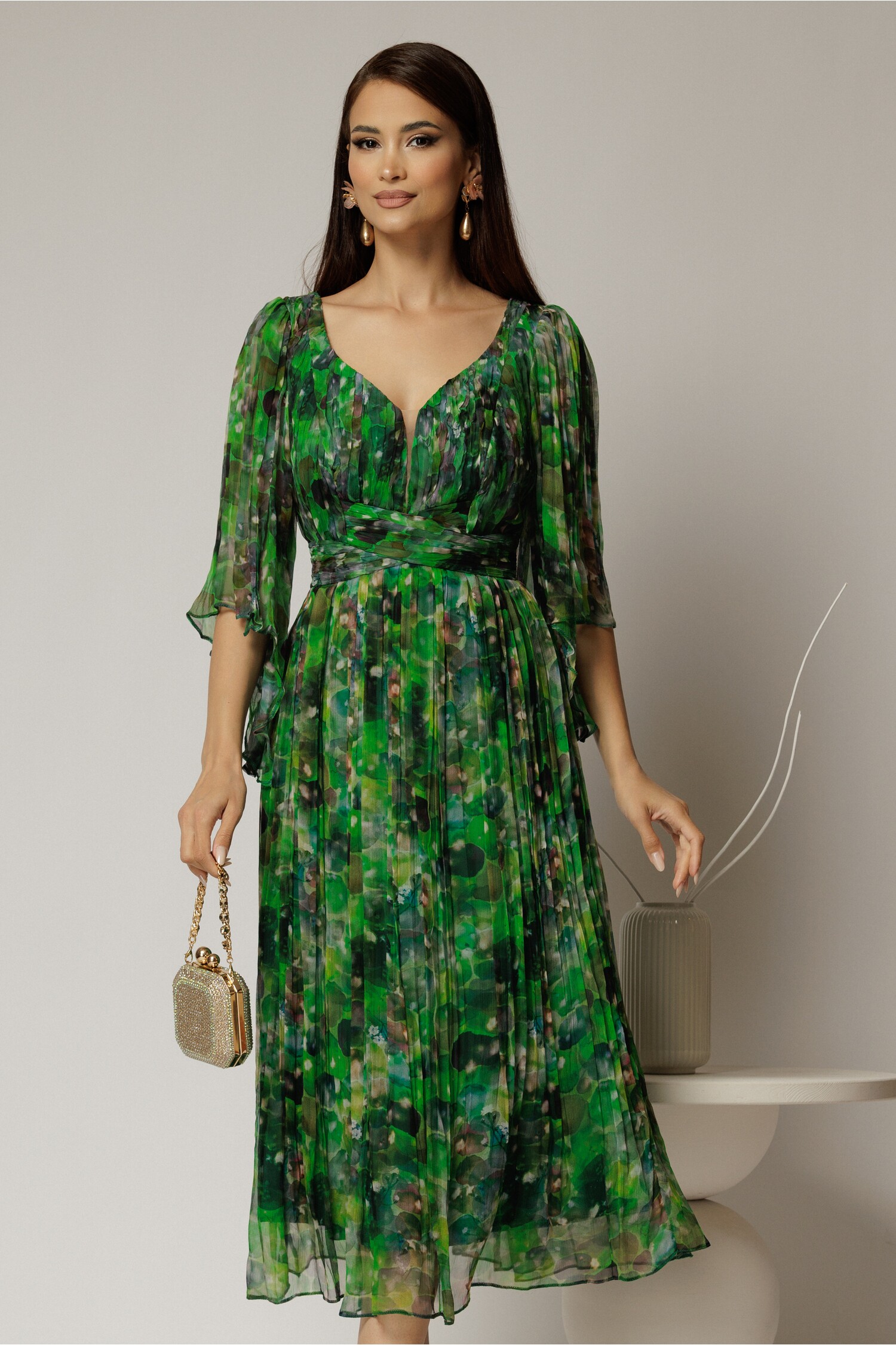 Rochie midi de ocazie cu imprimeuri verzi din matase naturala
