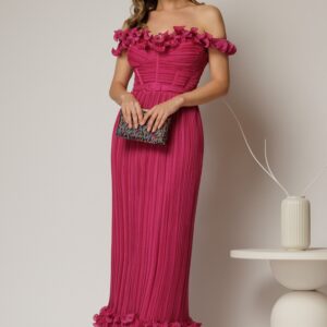 Rochie midi fucsia de ocazie cu bust tip corset si fusta plisata