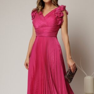 Rochie midi fucsia din voal plisat cu decolteu V si volanase la maneci